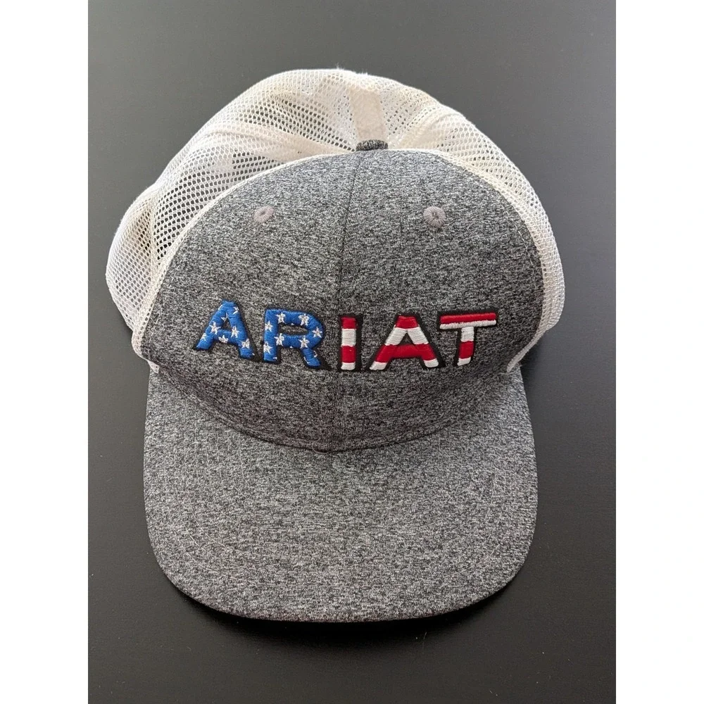 Ariat Flag Logo Mesh Back Trucker Hat Gray White‎ OSFM
